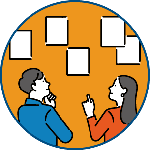 専門家である男性と女性がいくつかの複雑な法律問題への対策を考えているイラスト画像