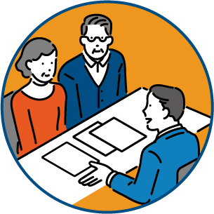 専門家である男性が老夫婦へ丁寧に説明をしている様子のイラスト画像